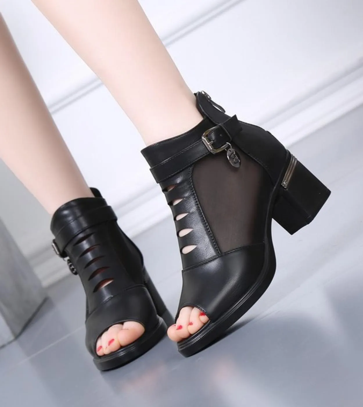 2022 nuovi sandali aperti stivali stivali da donna in pelle pu estate scarpe a rete tacco basso sandali in pelle con cerniera po