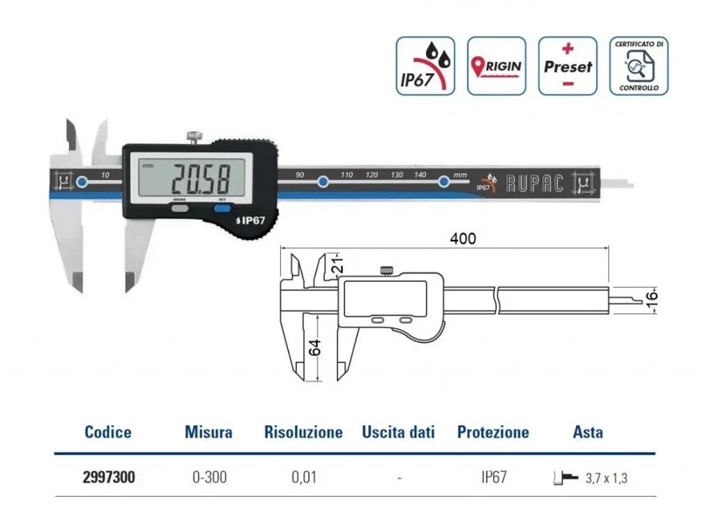 2997300 RUPAC calibro digitale "Alta qualità" serie Digitronic Plus, campo di misura 0-300mm, IP67, risoluzione 0,01