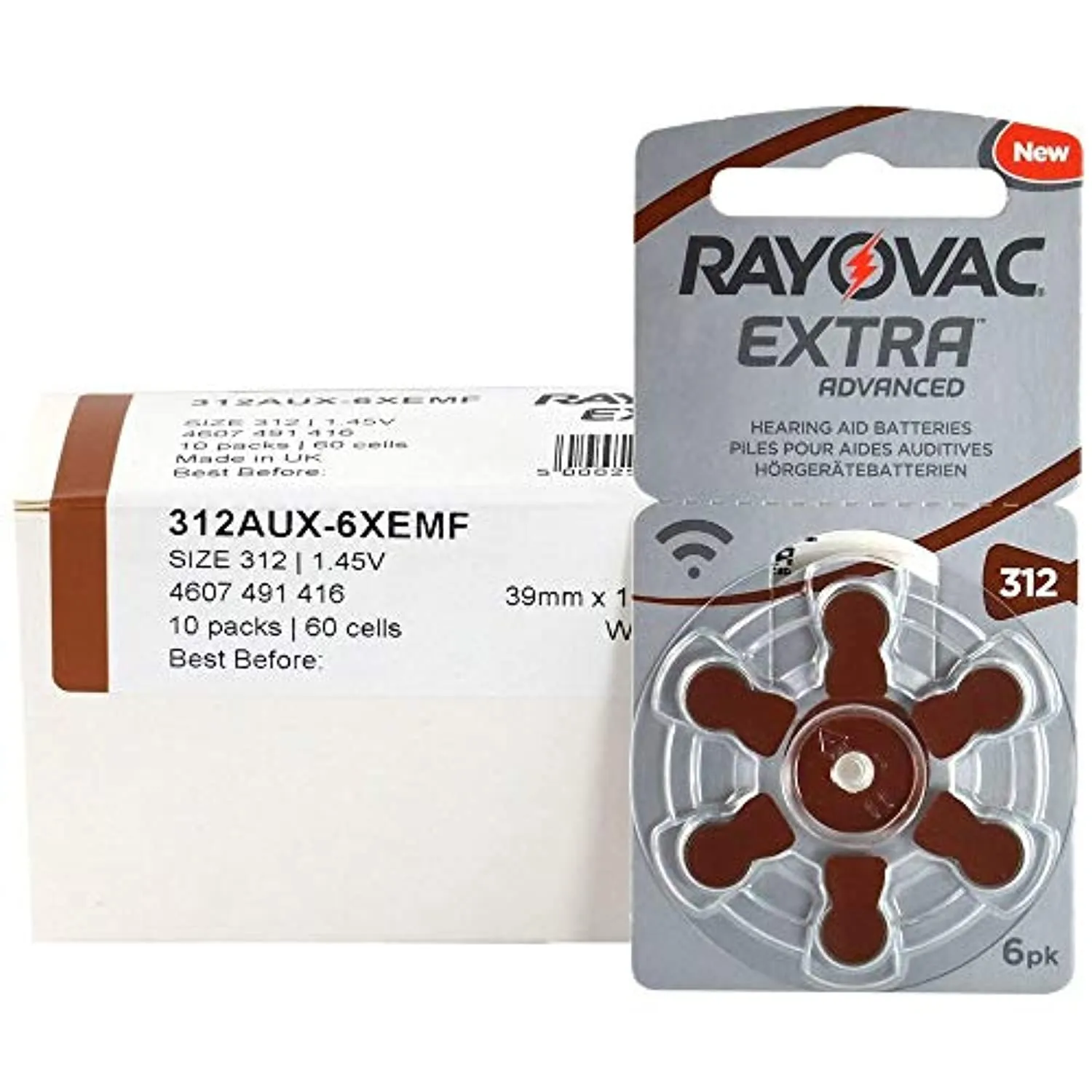 60 piles auditives Rayovac 312 Extra advanced / pile auditive PR41 / piles pour appareils auditifs / 312AE,A312,DA312,P312,PR312