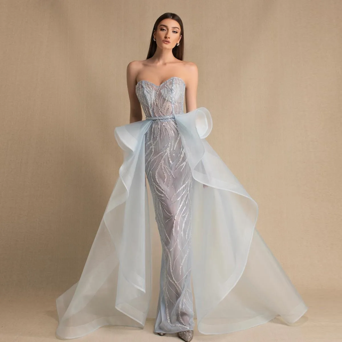 Abiti da sera lunghi in organza con perline azzurre con gonna staccabile Gonna oversize in pizzo a cuore 2024 Festa formale
