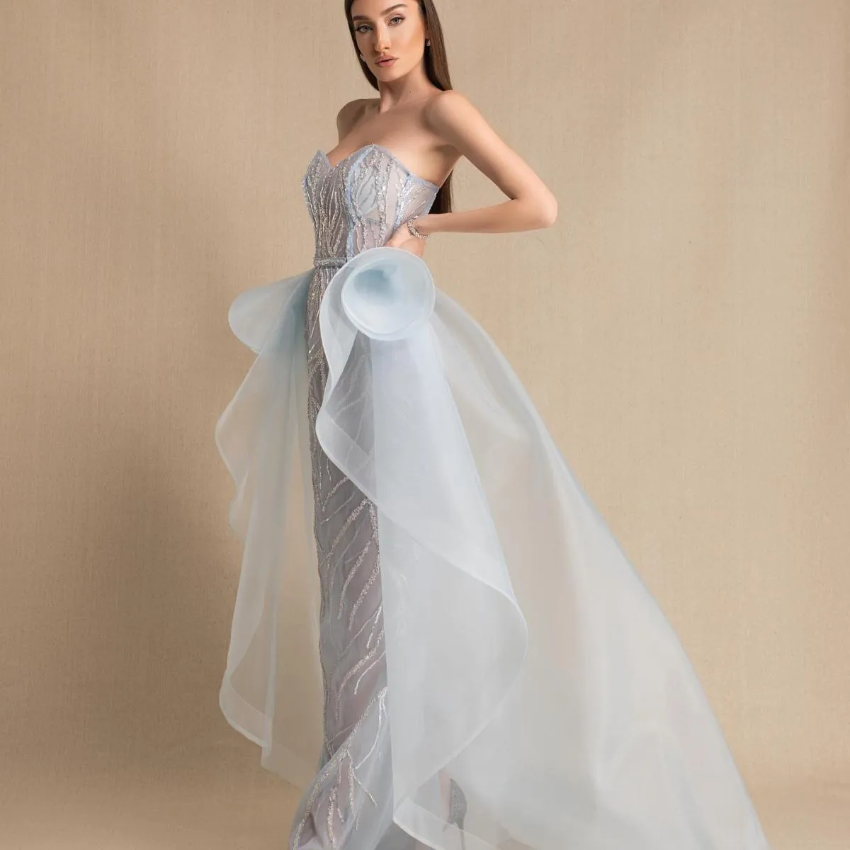 Abiti da sera lunghi in organza con perline azzurre con gonna staccabile Gonna oversize in pizzo a cuore 2024 Festa formale