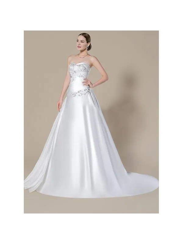 Abito da sposa A-line scollo a cuore in raso con piccole decorazioni argento