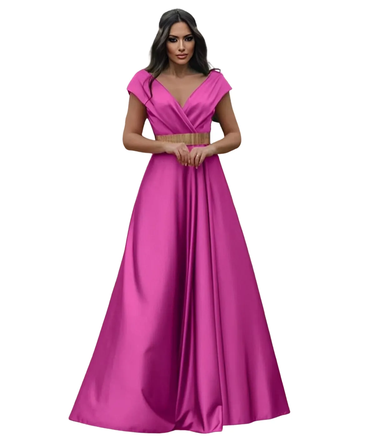 Abito Donna Lungo Scollo Cuore Cintura Elegante Cerimonia Damigella