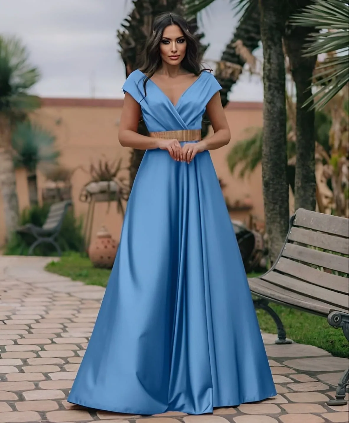 Abito Donna Lungo Scollo Cuore Cintura Elegante Cerimonia Damigella