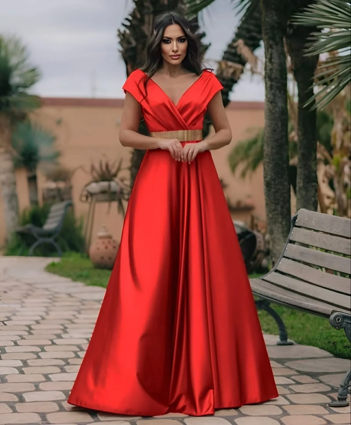 Abito Donna Lungo Scollo Cuore Cintura Elegante Cerimonia Damigella