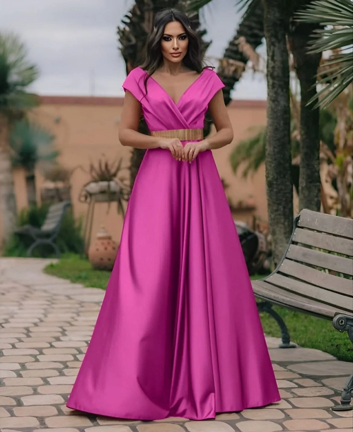 Abito Donna Lungo Scollo Cuore Cintura Elegante Cerimonia Damigella