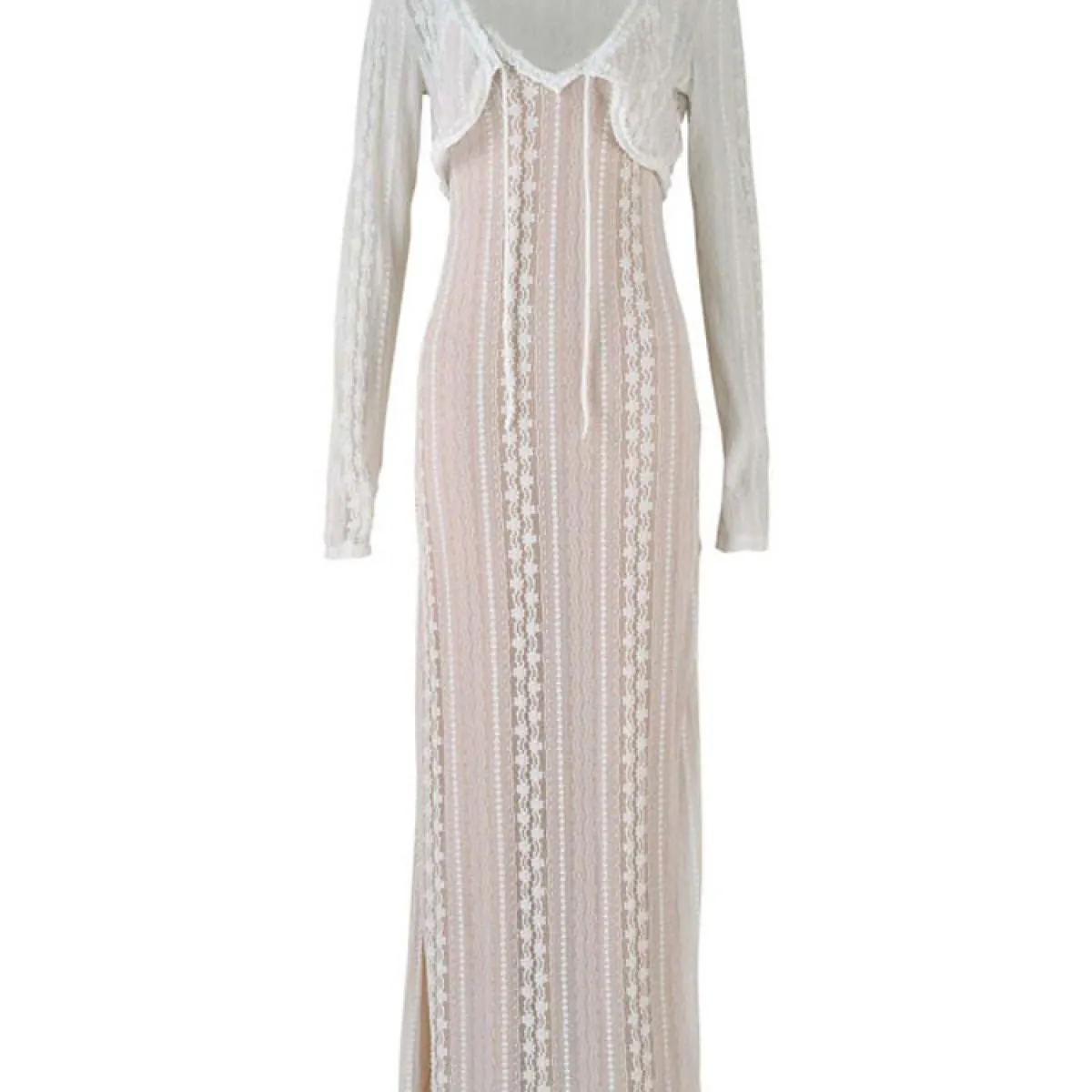 Abito lungo femminile elegante scavato fuori con scollo a V a maniche lunghe con spacco abito da sera a strati moda estate