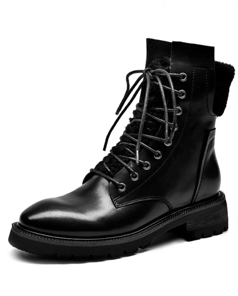 Beautoday Stivali da Moto Donna Pelle di Mucca Lana Dagnello Alla Caviglia Punta Rotonda Zip Posteriore Scarpe Da Donna Inverna