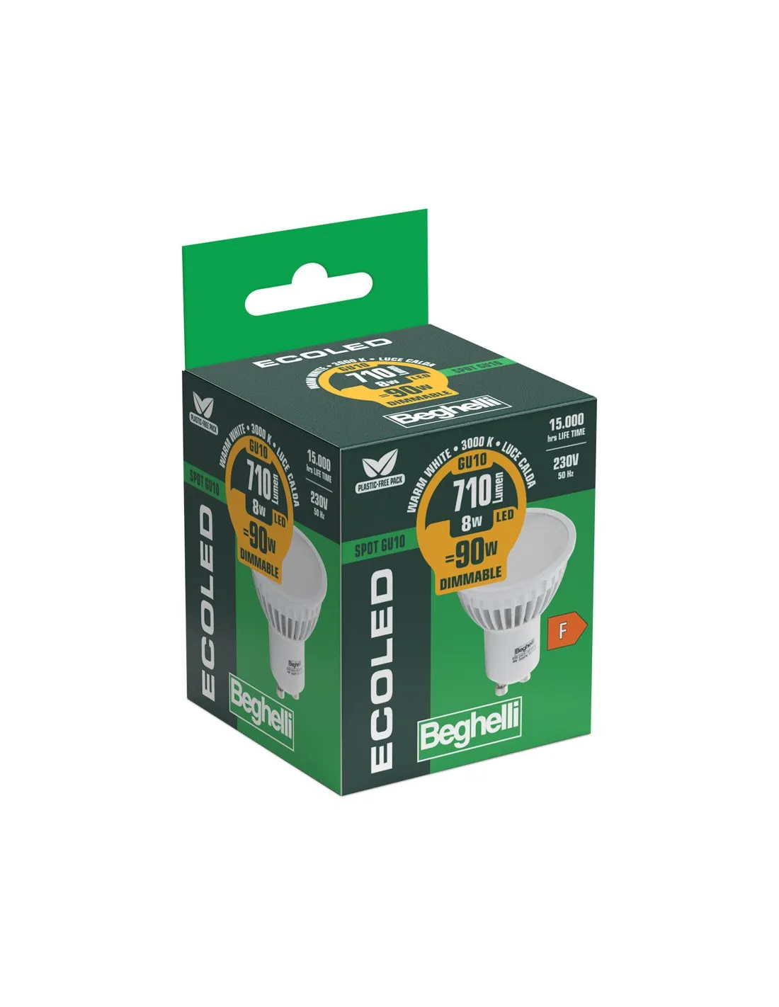 Beghelli 56126 Lampadina LED GU10 Dimmerabile 8W, Luce Calda, Resa 90W, 3000K, 710 Lumen, Spot