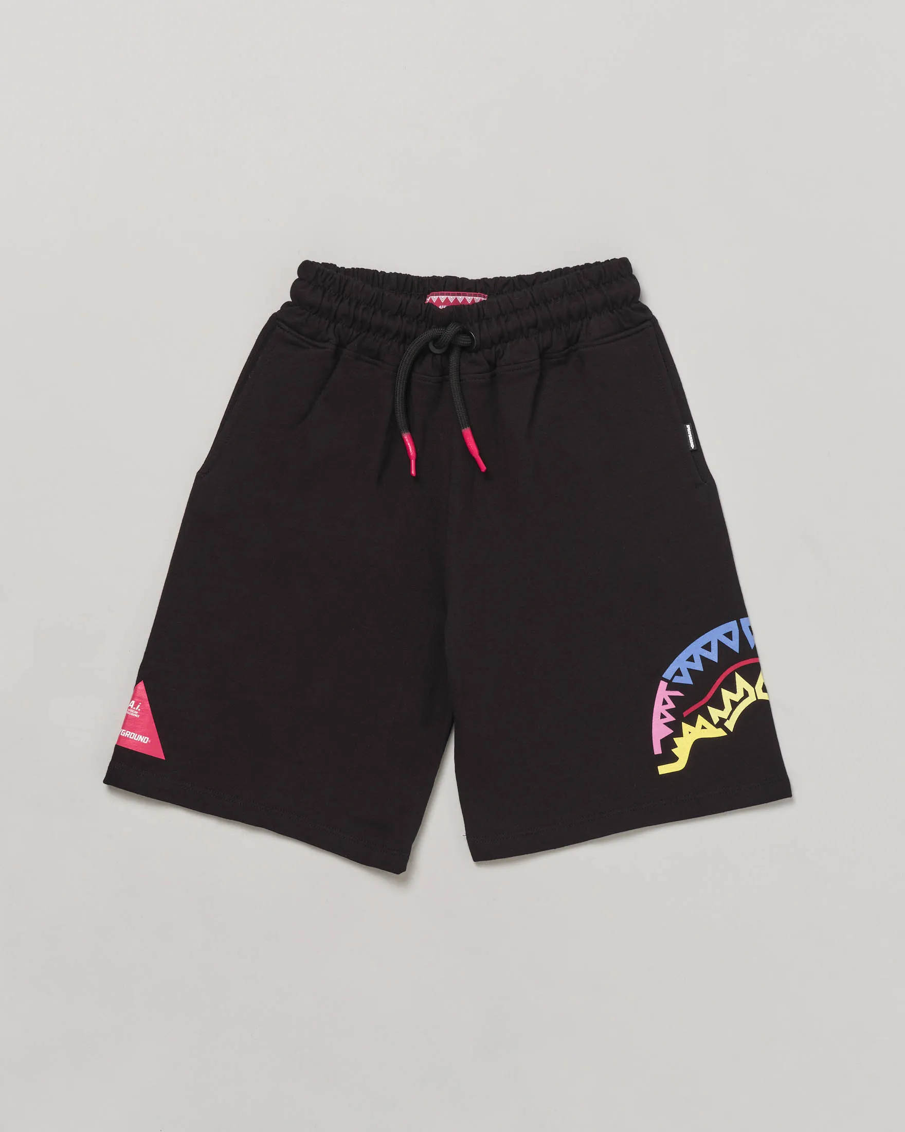 Bermuda nero in felpa di cotone con stampa squalo etnico multicolor 10-16 anni