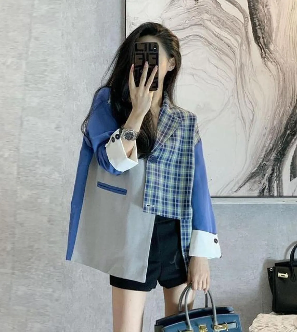 Blazer con colletto dentellato manica lunga patchwork scozzese casual allentato da donna stile autunno cappotto asimmetrico con