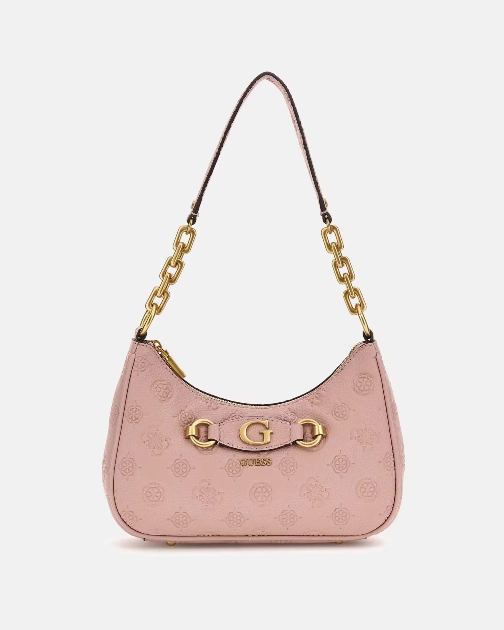 Borsa a spalla rosa a mezzaluna in similpelle a fantasia monogram a rilievo con listino logo sul davanti