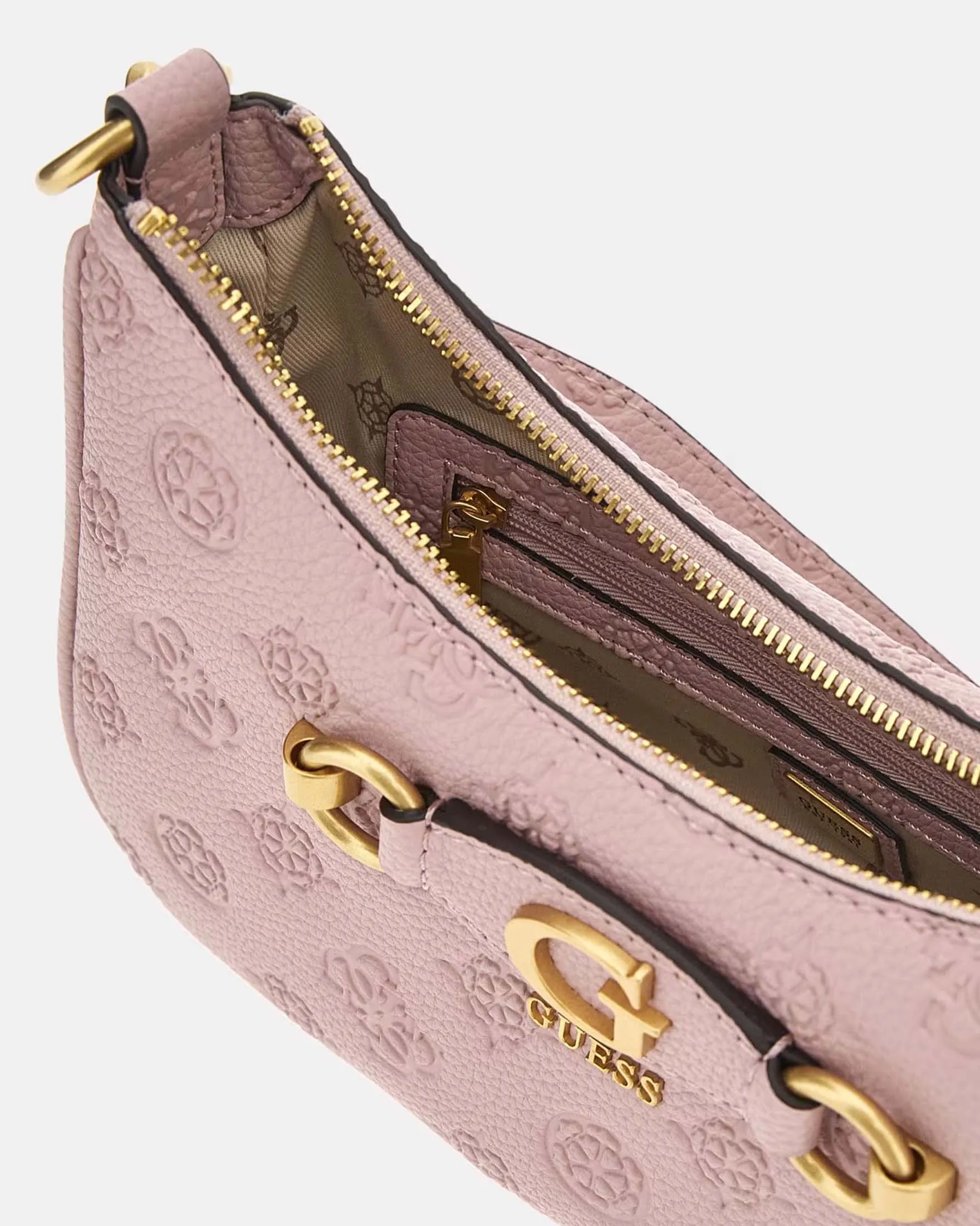 Borsa a spalla rosa a mezzaluna in similpelle a fantasia monogram a rilievo con listino logo sul davanti