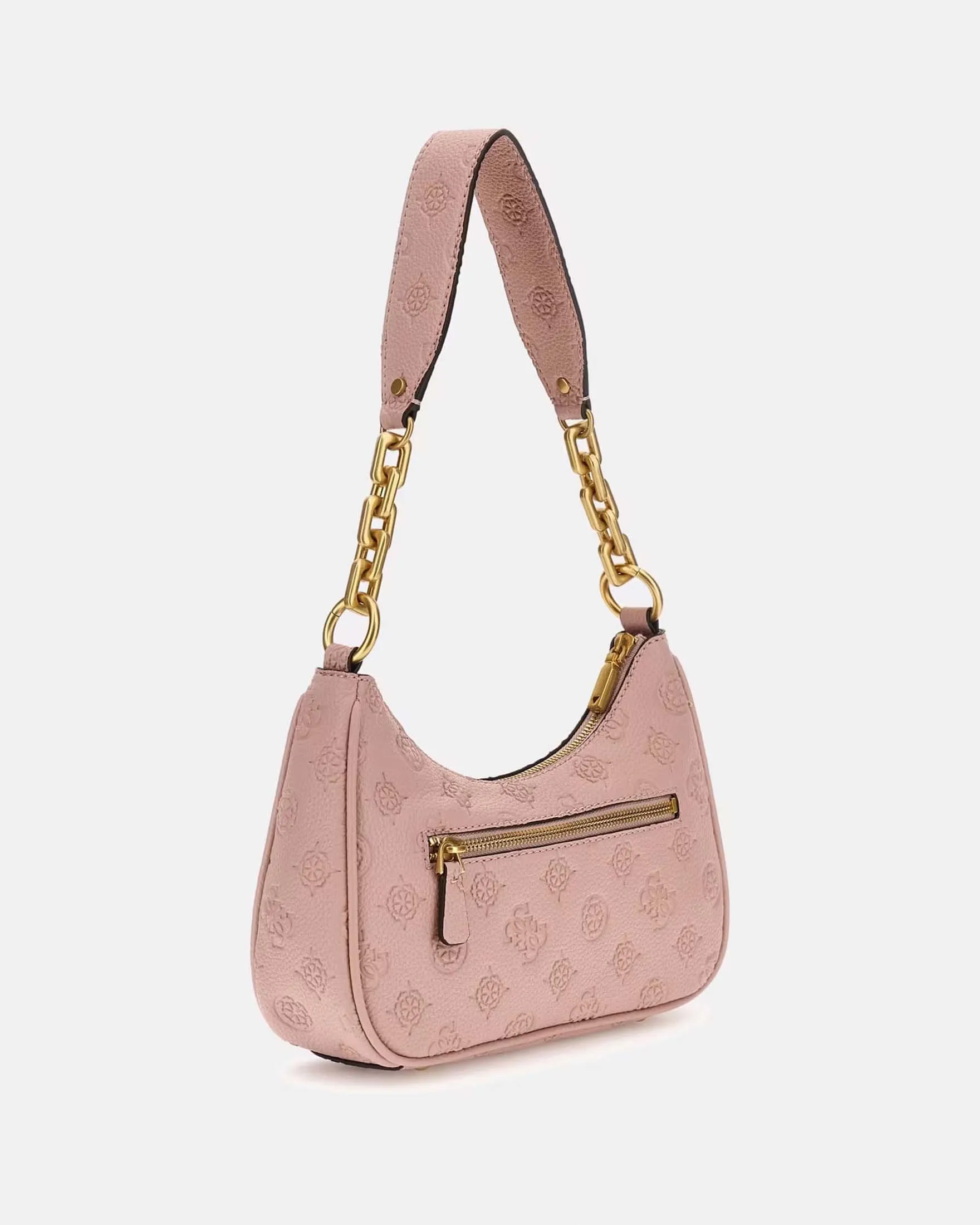 Borsa a spalla rosa a mezzaluna in similpelle a fantasia monogram a rilievo con listino logo sul davanti