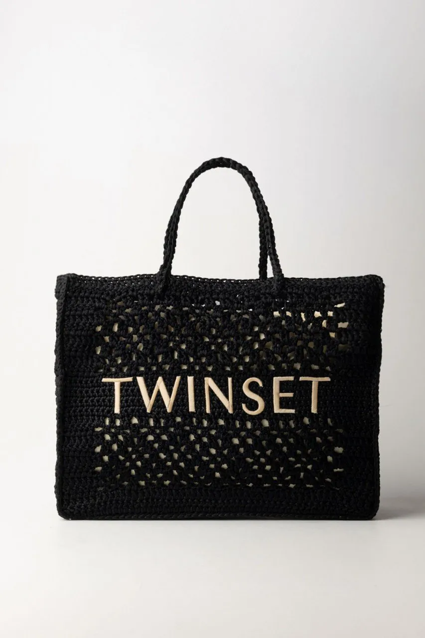 Borsa crochet con logo a contrasto Nero