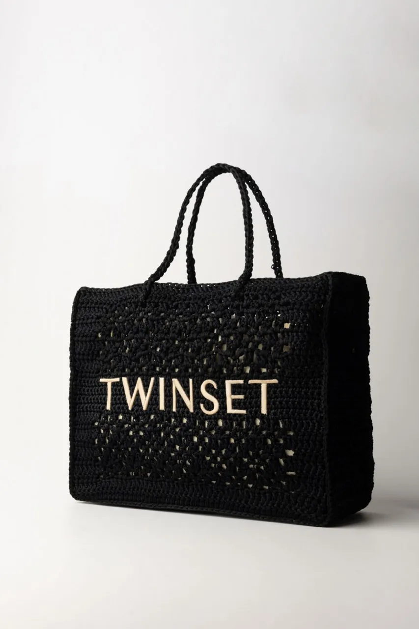 Borsa crochet con logo a contrasto Nero
