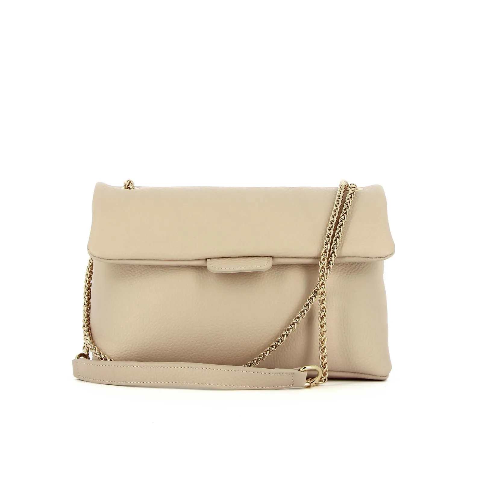 Borsa rosa in pelle con tracolla in metallo