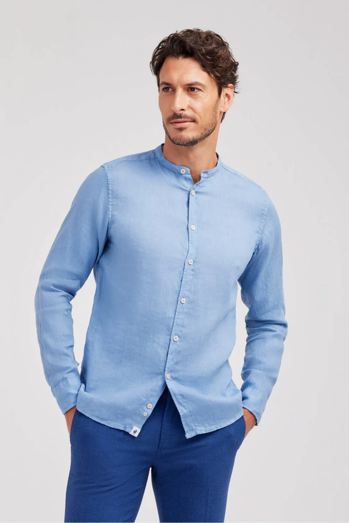 CAMICIA COLLO COREANO LINO AZZURRO