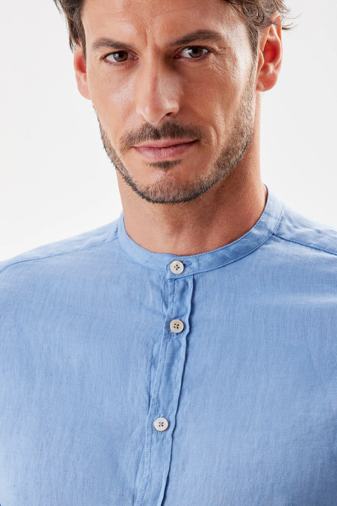 CAMICIA COLLO COREANO LINO AZZURRO
