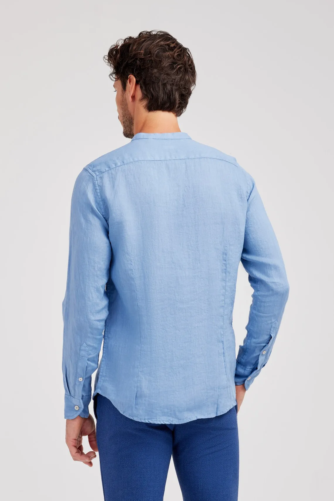 CAMICIA COLLO COREANO LINO AZZURRO