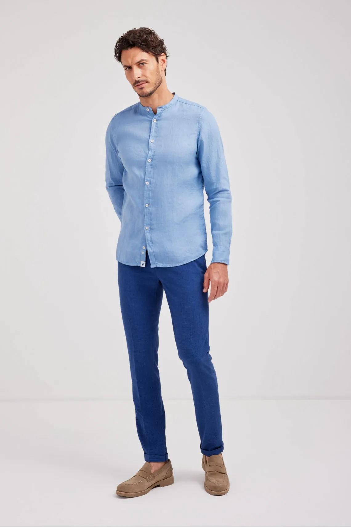 CAMICIA COLLO COREANO LINO AZZURRO