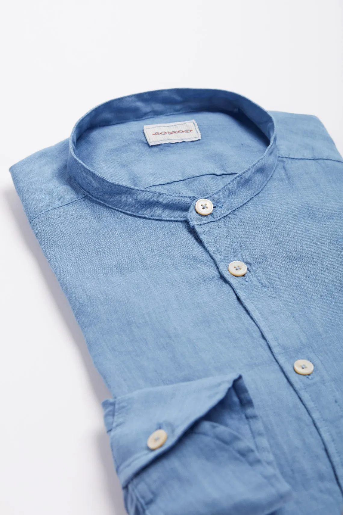 CAMICIA COLLO COREANO LINO AZZURRO