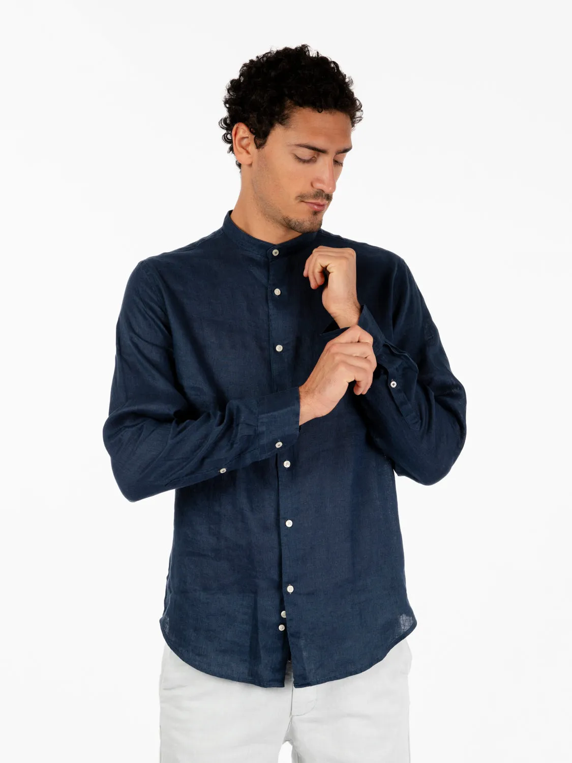 Camicia coreana lino cobalt blue