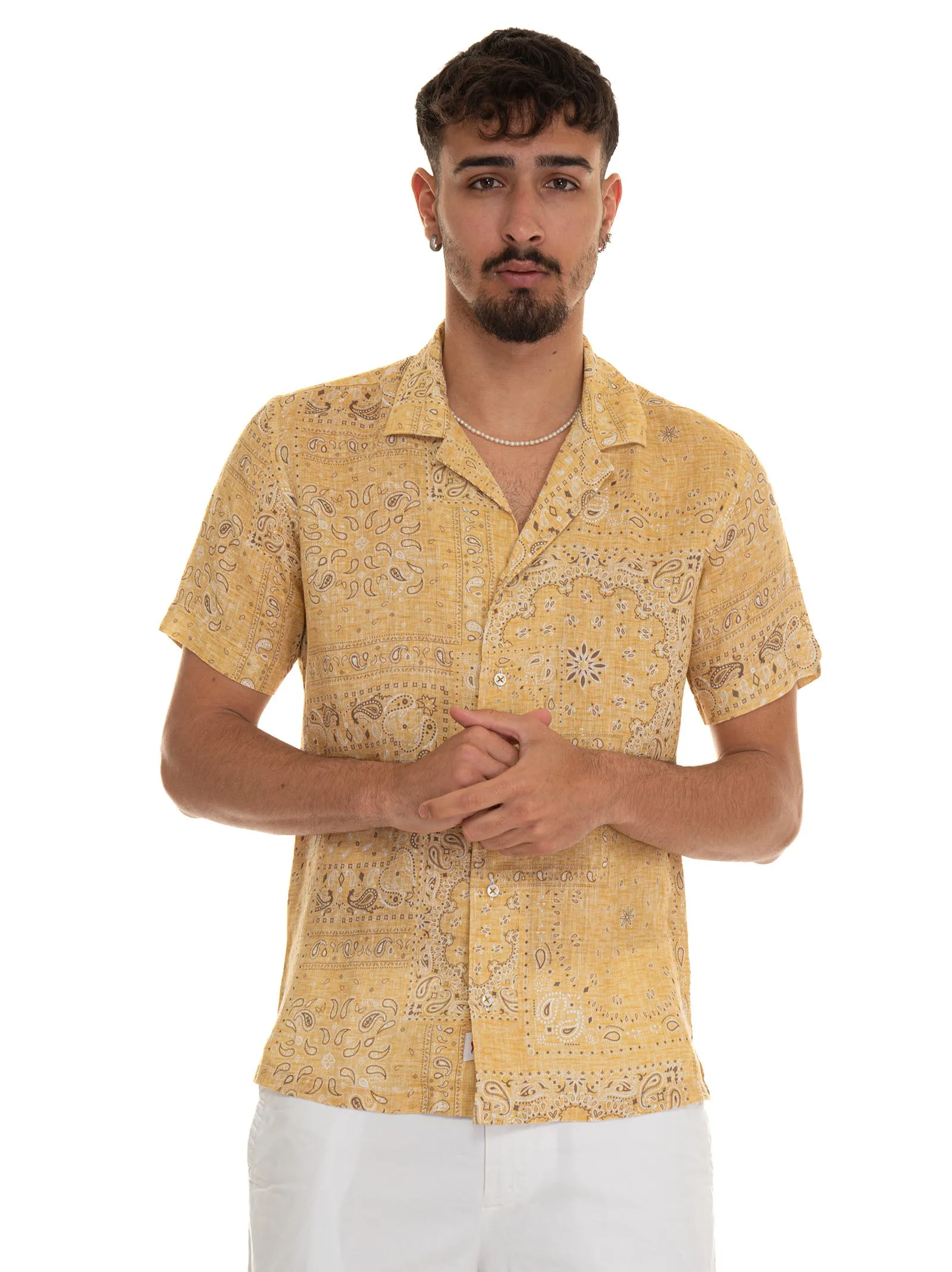 Camicia lino manica corta Giallo Vincenzo De Lauziers Uomo