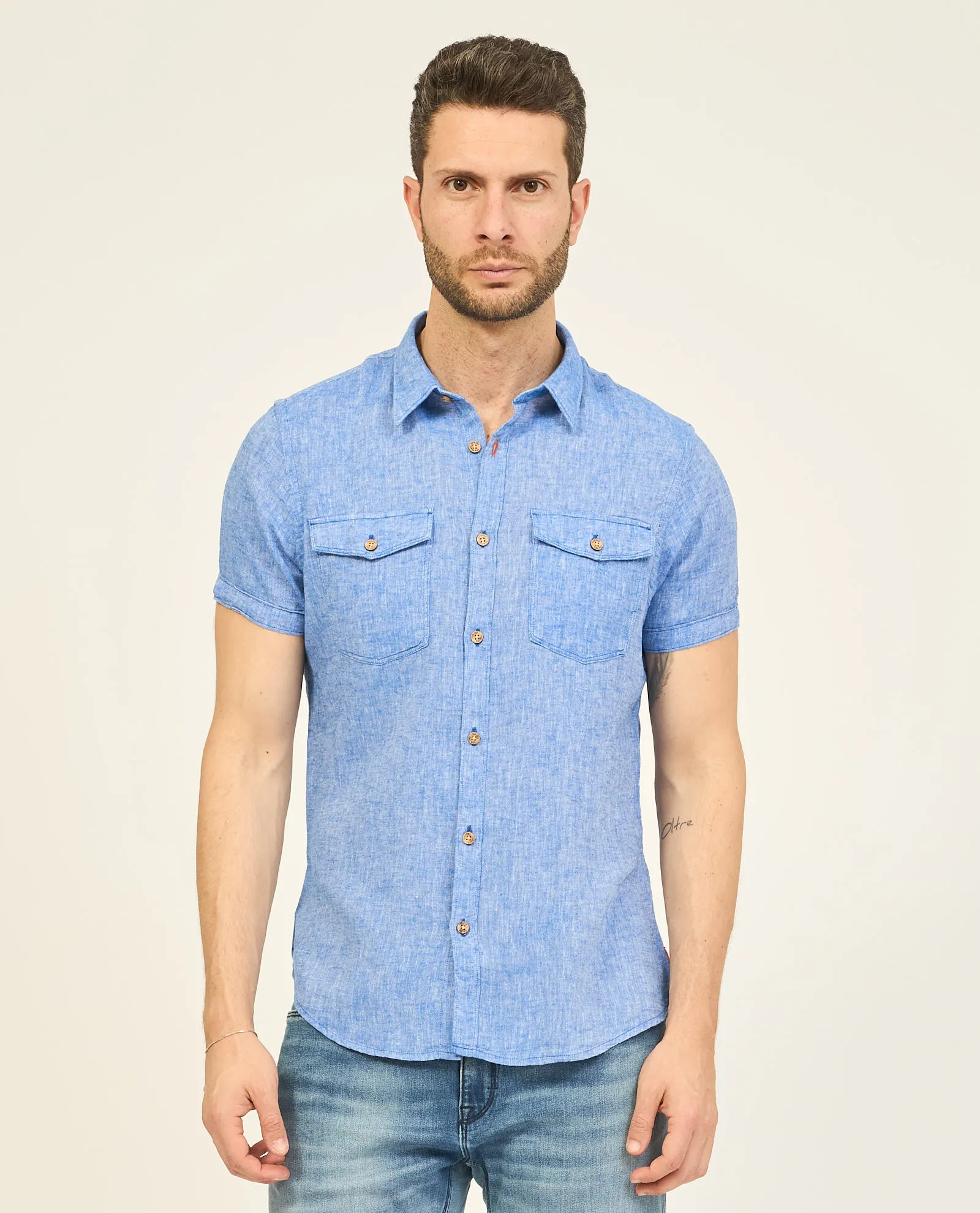Camicia uomo Yes Zee in lino con tasche applicate