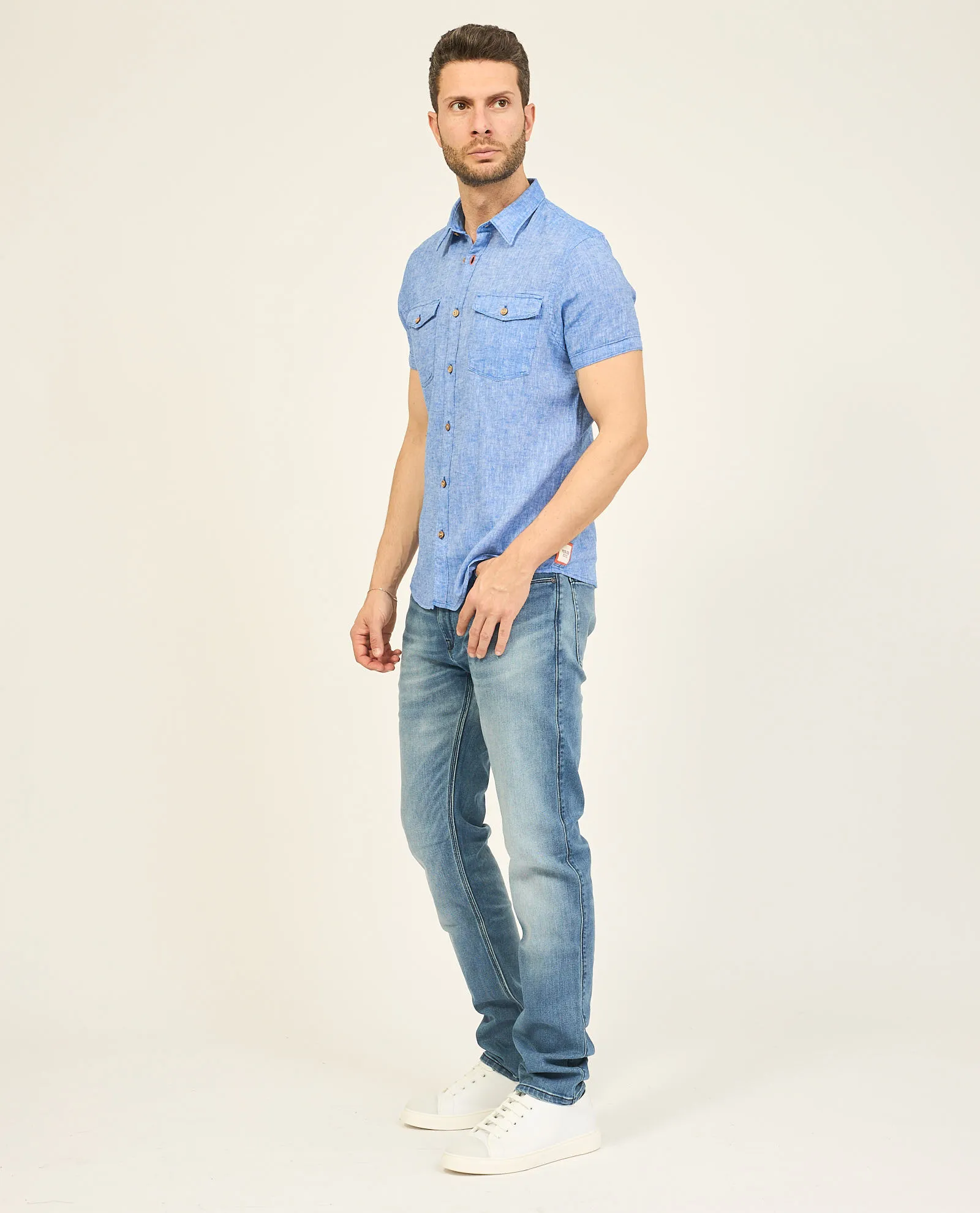 Camicia uomo Yes Zee in lino con tasche applicate