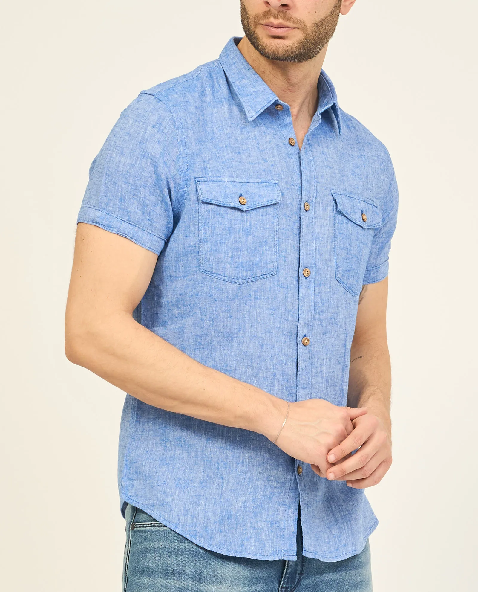 Camicia uomo Yes Zee in lino con tasche applicate