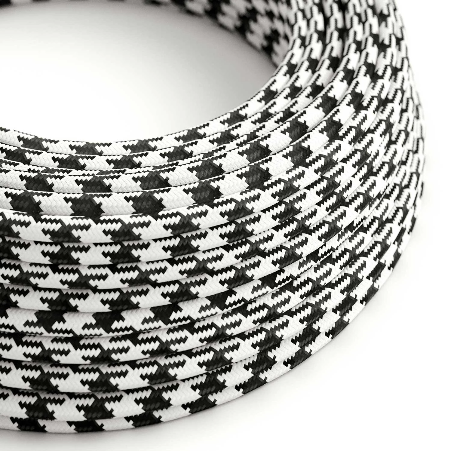 Cavo colorato in tessuto Bianco Ottico e Nero Carbone Pied de Poule lucido - L'Originale Creative Cables - RP04