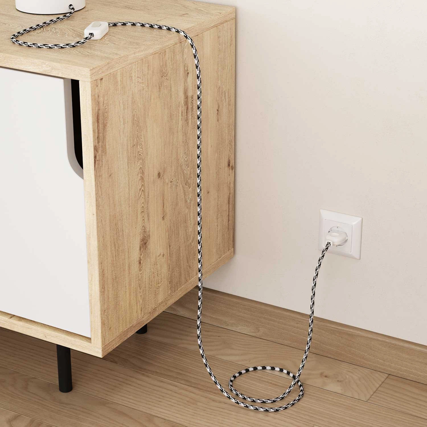 Cavo colorato in tessuto Bianco Ottico e Nero Carbone Pied de Poule lucido - L'Originale Creative Cables - RP04