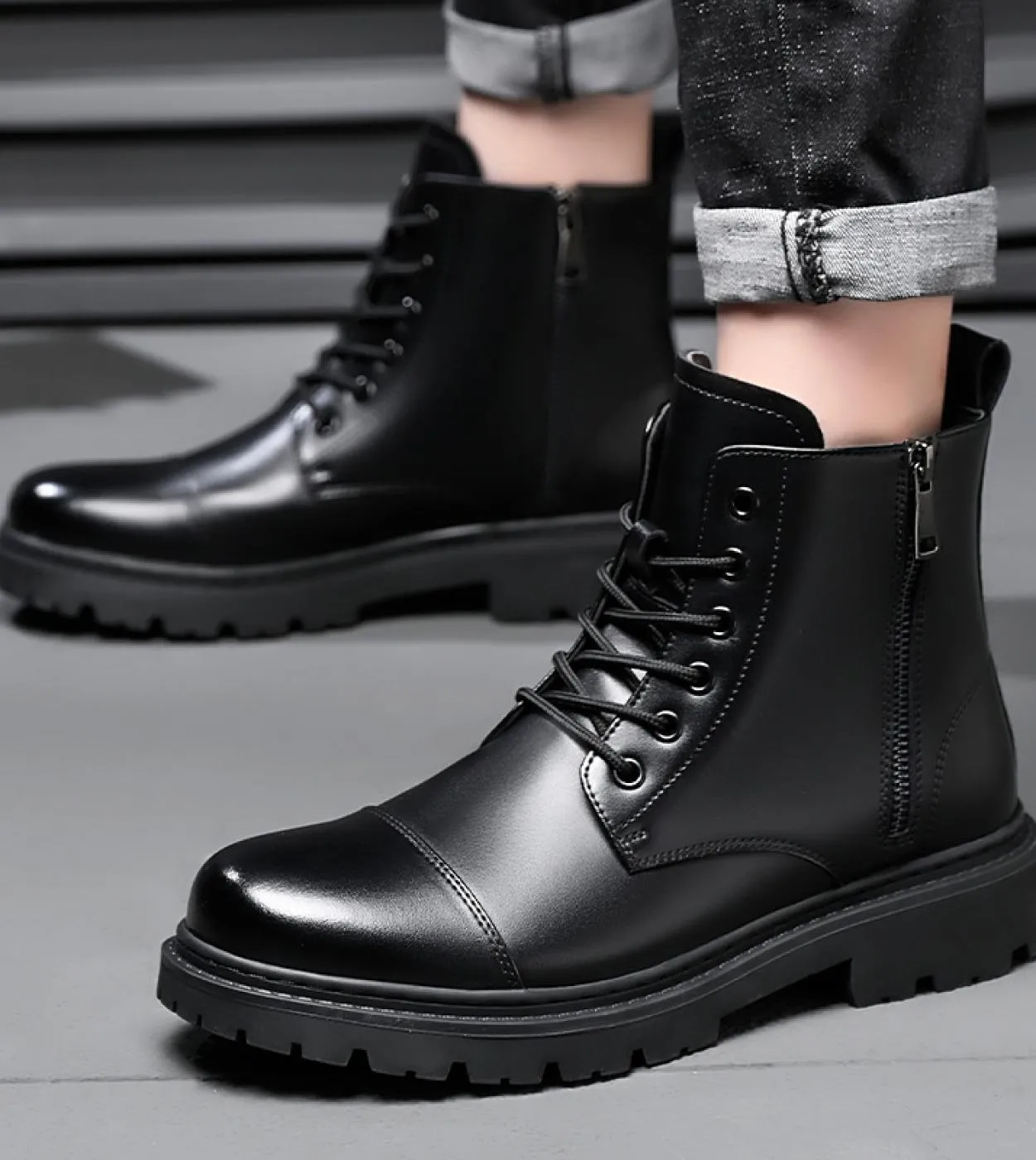 Cerniera Stivali da moto da uomo British High Top Mens Matin Booties Suola spessa Solid Scarpe casual da uomo allapertomotocicl