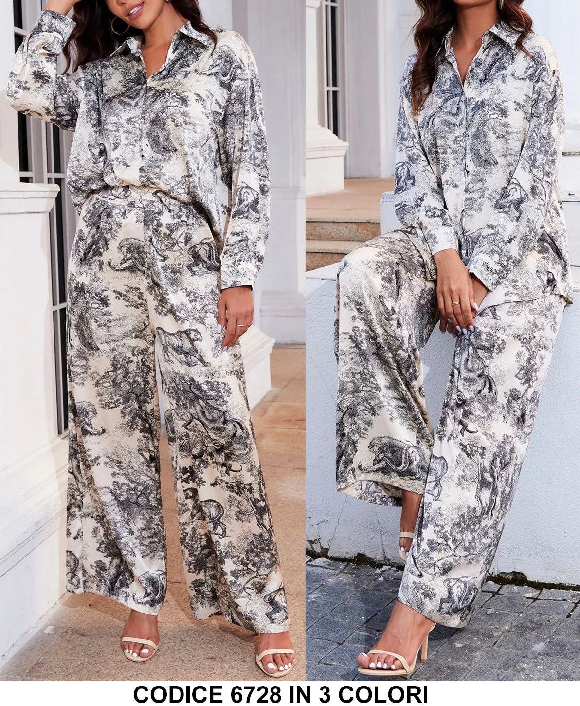 Competo Elegante Camicia Manica Lunga Pantalone Palazzo Stampa Astratta Coordinato Casual in 3 Colori - 6728