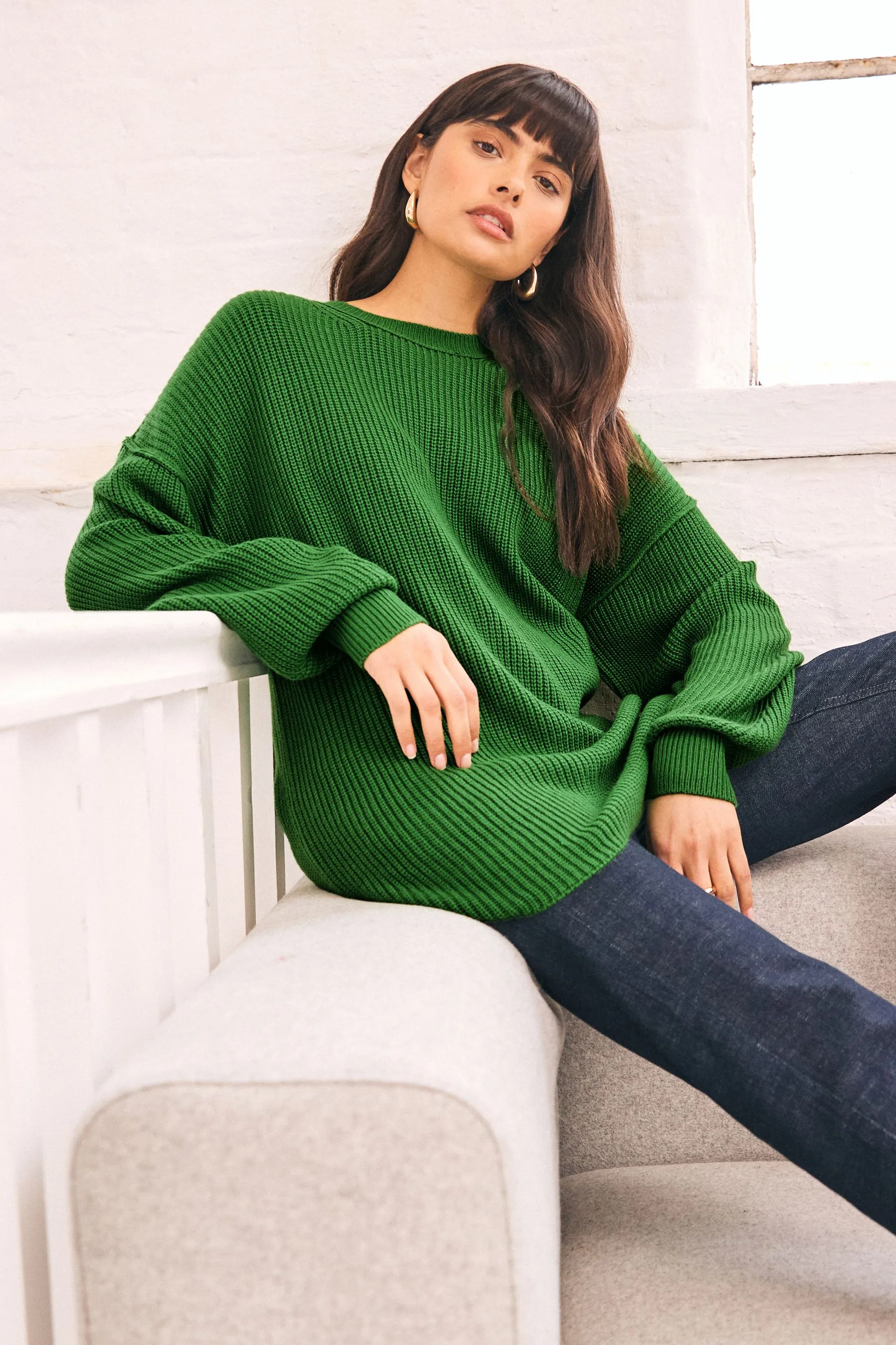 Cosy Crew Neck Longline Tunic Knitted Jumper    