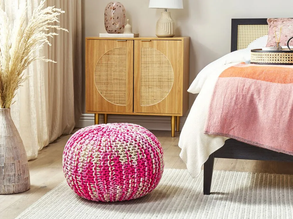 Cotton Knitted Pouffe 50 x 35 cm White and Pink CONRAD