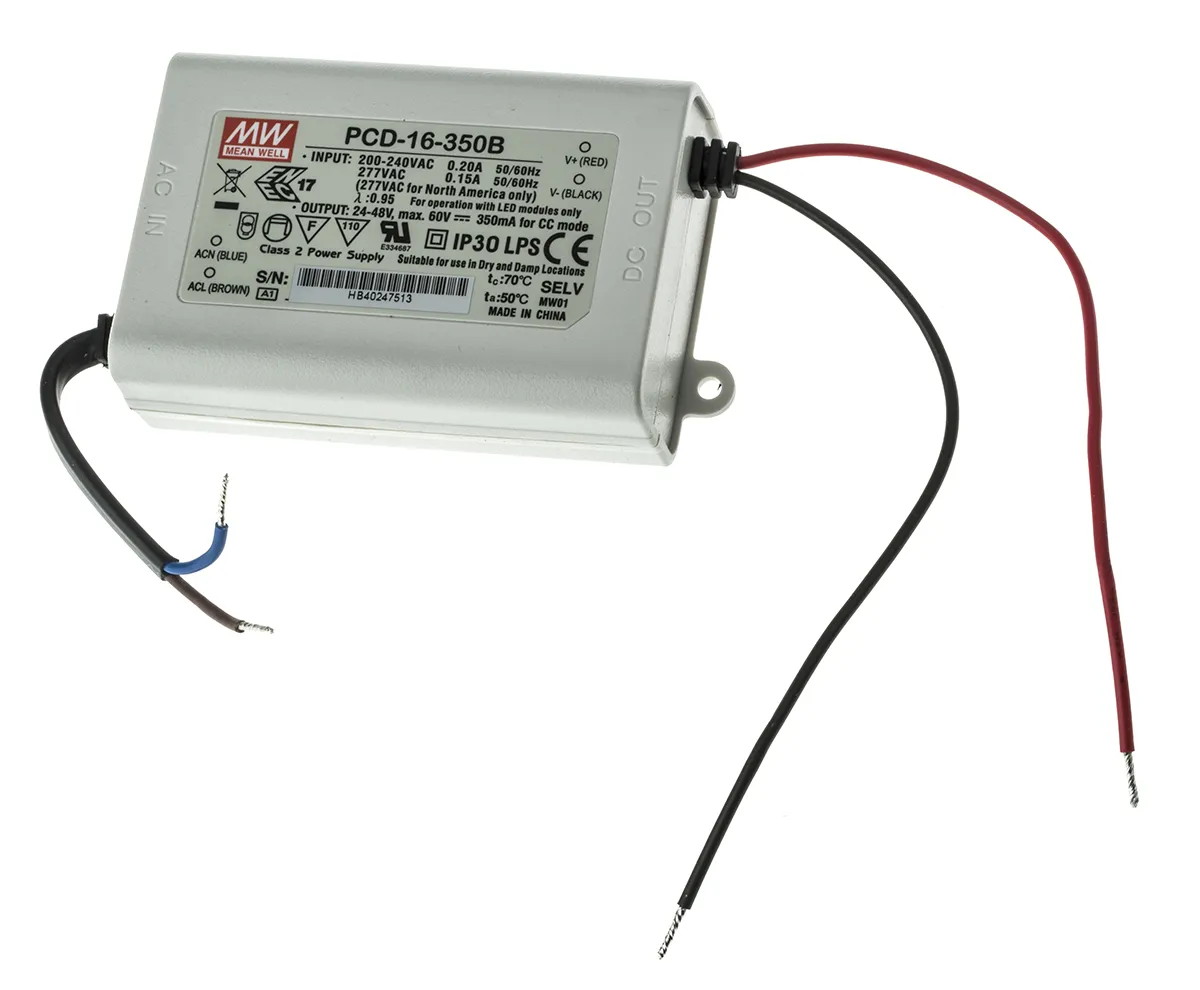 Driver LED Mean Well, 16.8W, IN 180 → 295V ca, OUT 24 → 48V, 350mA