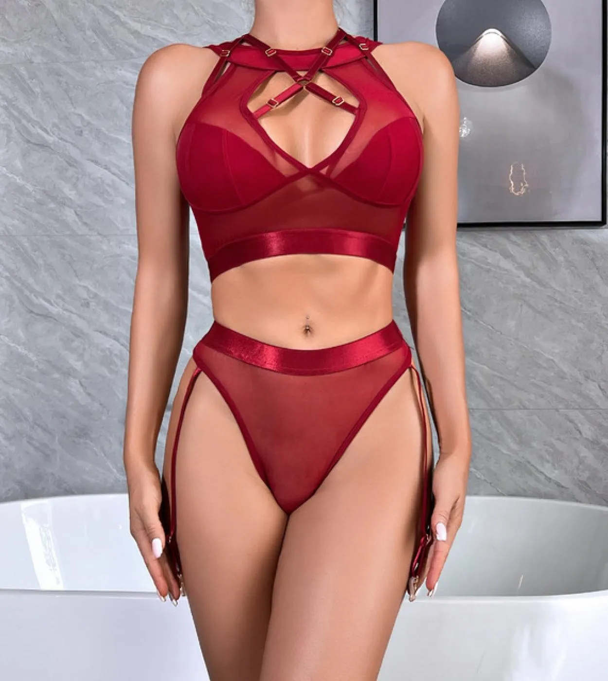 Ellolace Lingerie Set Reggiseno Incrociato da Donna 2 Pezzi Intimo Fantasia Senza Cuciture in Pizzo Trasparente Completi Intimi
