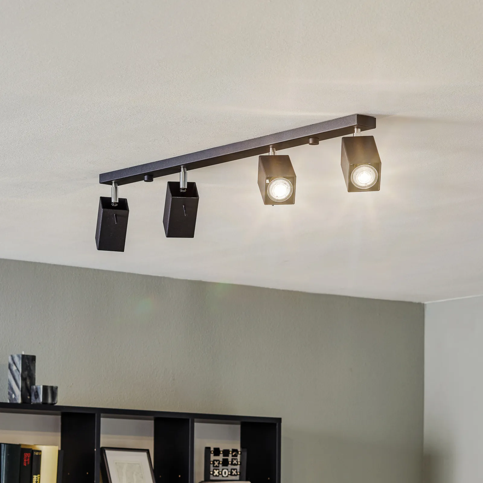 Faretto soffitto Square, nero, 4 luci lineare