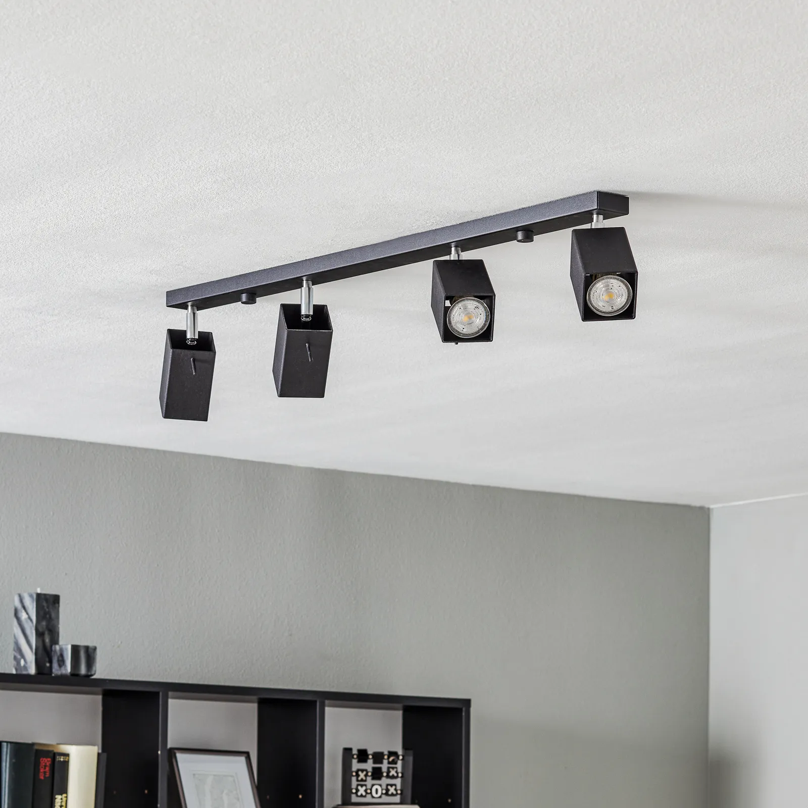 Faretto soffitto Square, nero, 4 luci lineare