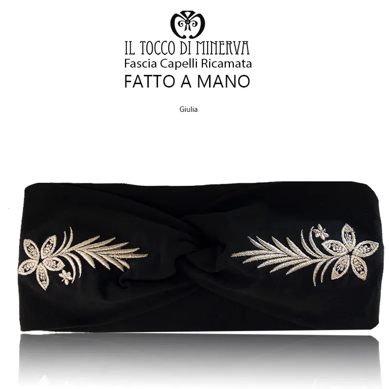 Fascia Capelli in cotone Nera con ricamo in seta - Fatto a Mano