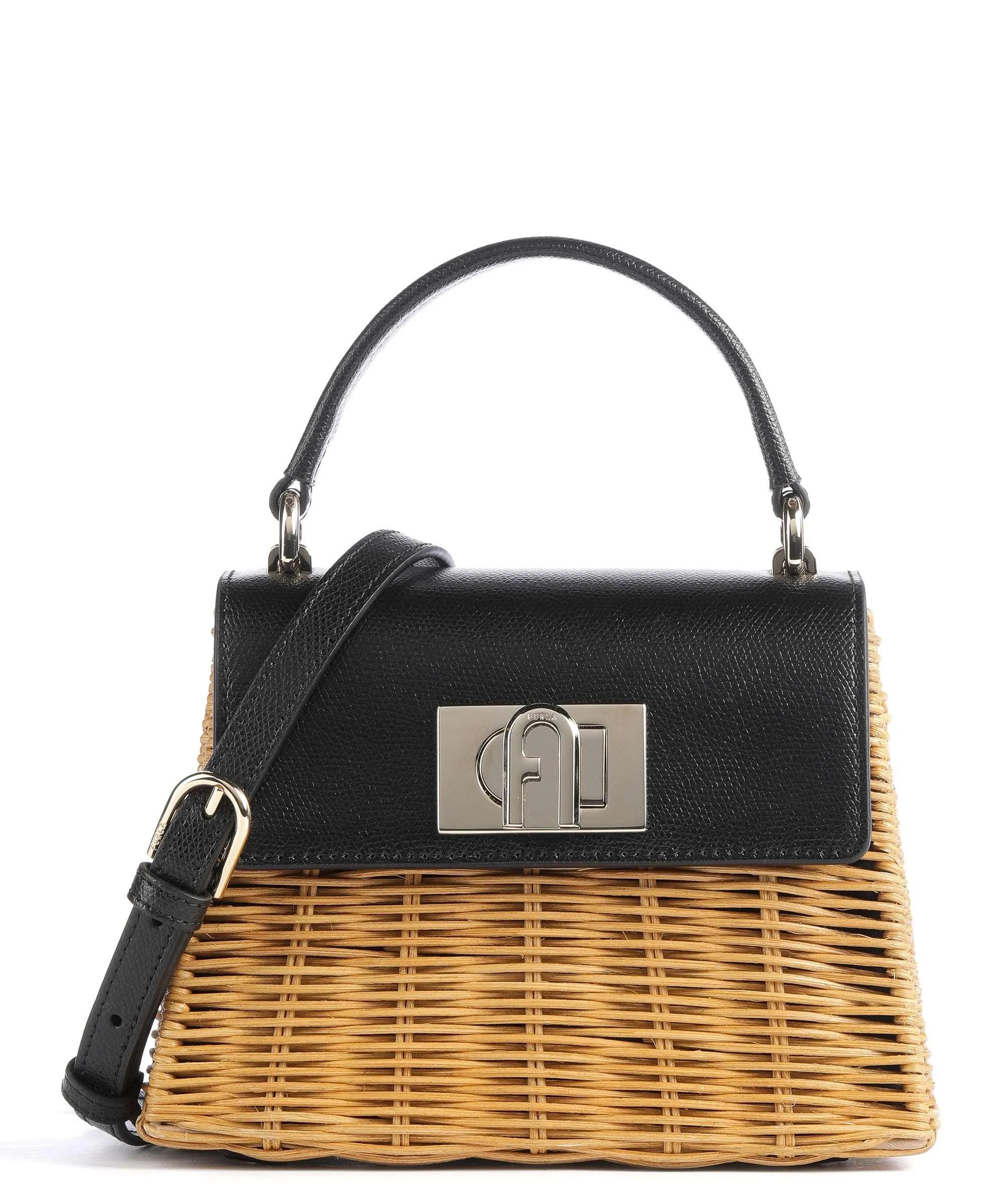  Furla 1927 Mini Borsa a tracolla rattan, pelle granulata nero  