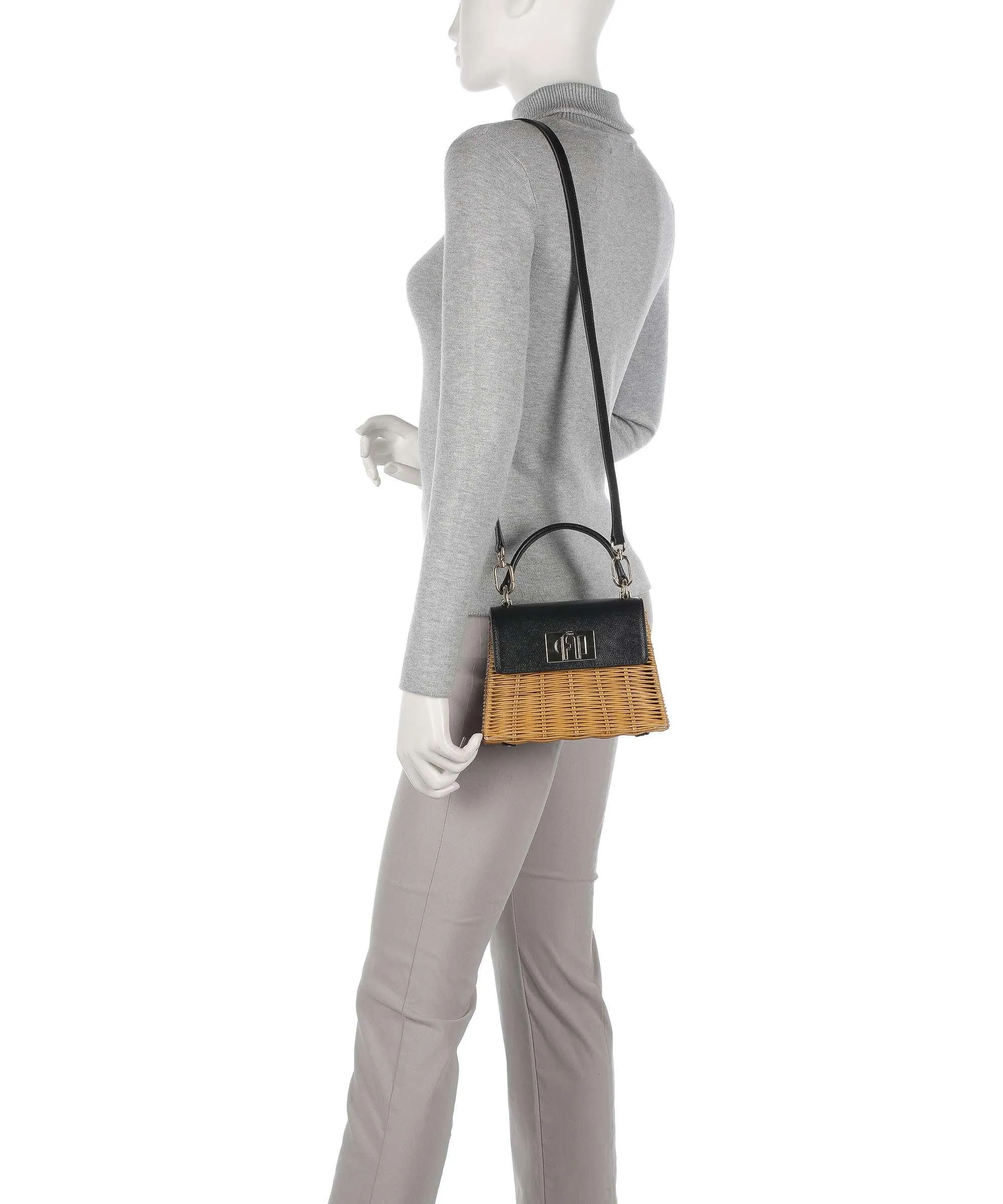  Furla 1927 Mini Borsa a tracolla rattan, pelle granulata nero  
