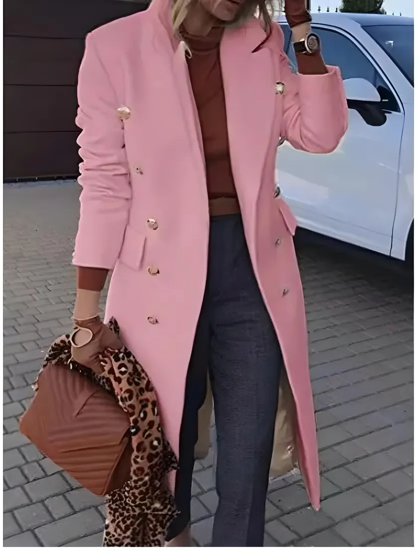 Giacca Cappotto Donna Lana Media Lunghezza Doppiopetto Manica Lunga Bottoni Tasche Casual Elegante