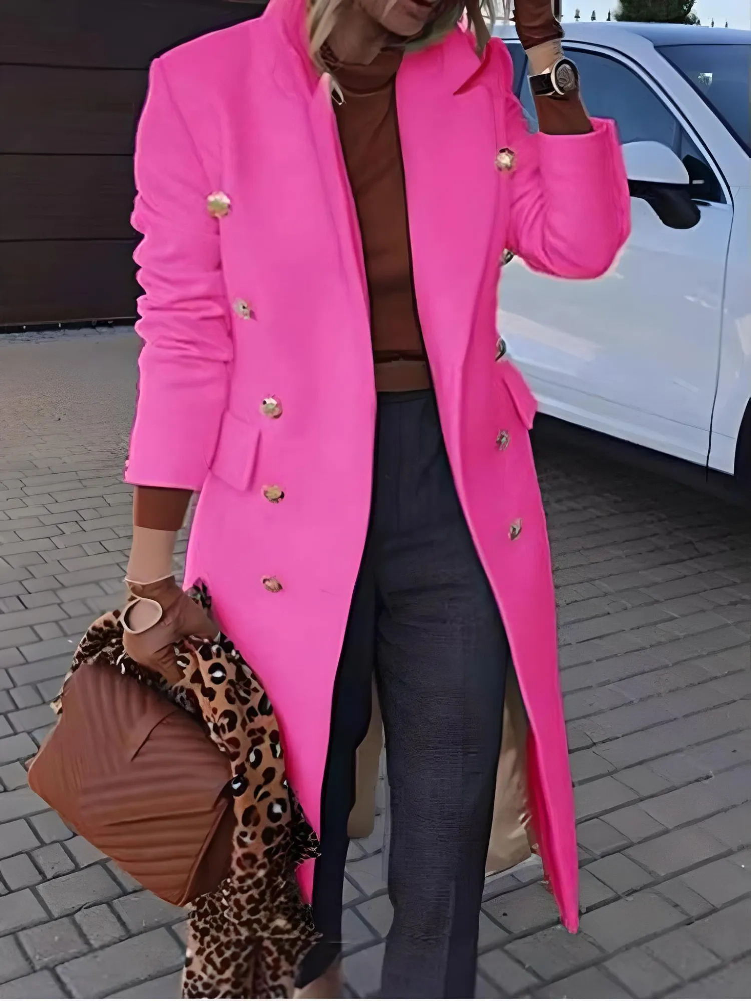 Giacca Cappotto Donna Lana Media Lunghezza Doppiopetto Manica Lunga Bottoni Tasche Casual Elegante