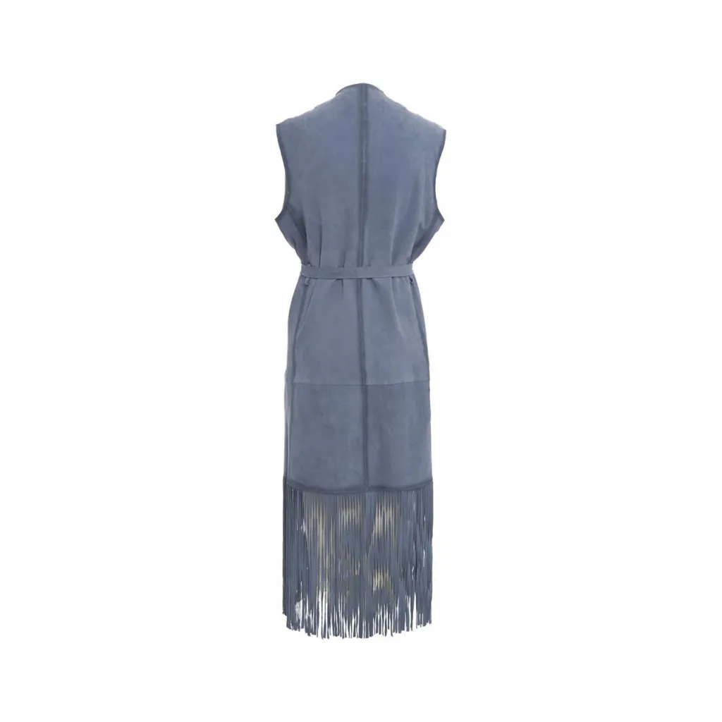 Gilet in camoscio con frange blu