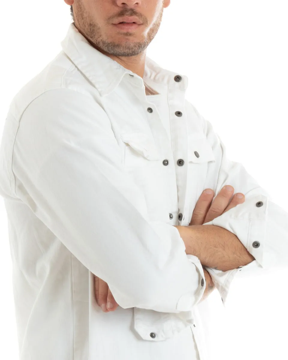 Giubbotto Uomo Giacca Jeans Con Colletto Camicione Denim Bianco GIOSAL-G3076A