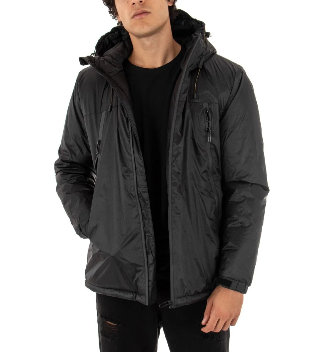 Giubbotto Uomo Giacca Trapuntata Cappuccio Tinta Unita Nero Casual GIOSAL-G2434A