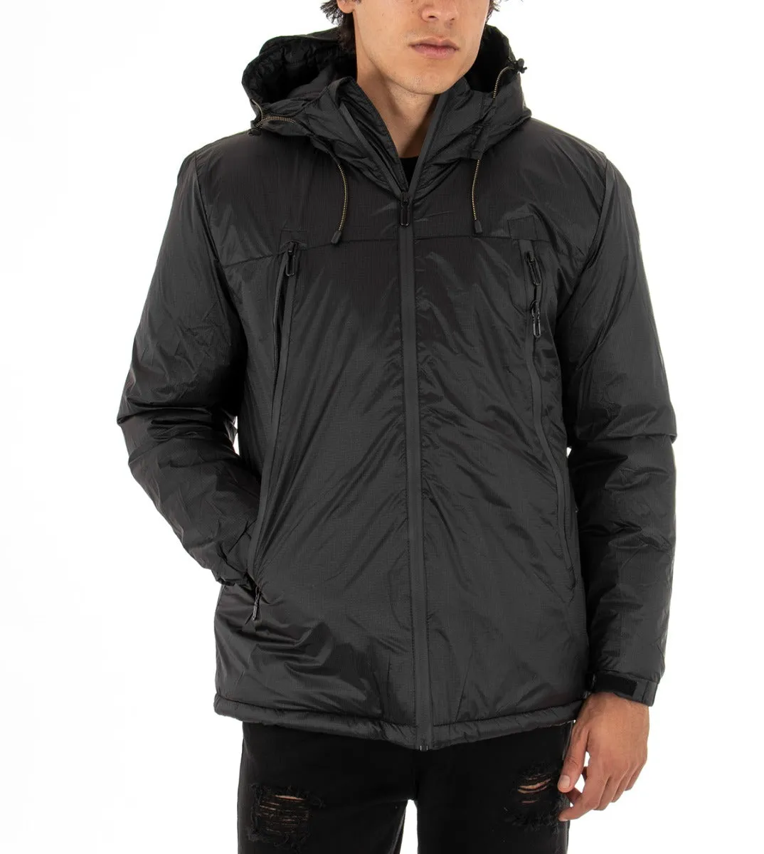 Giubbotto Uomo Giacca Trapuntata Cappuccio Tinta Unita Nero Casual GIOSAL-G2434A